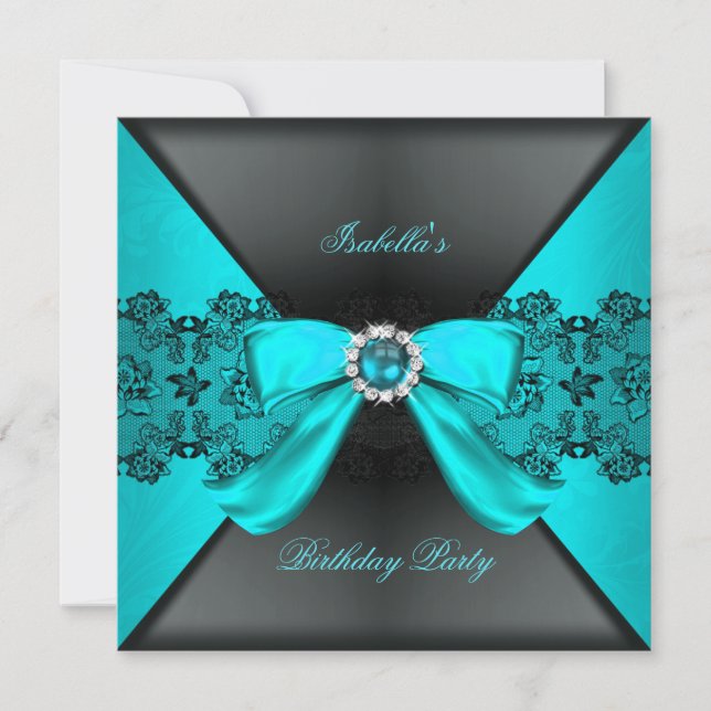 Elegant Black Teal Pearl Bow Birthday Party Invitation (Front)