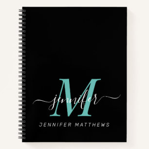 Elegant Black Teal Personalised Monogram Name Notebook