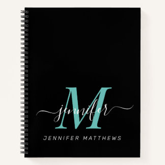 Elegant Black Teal Personalised Monogram Name Notebook