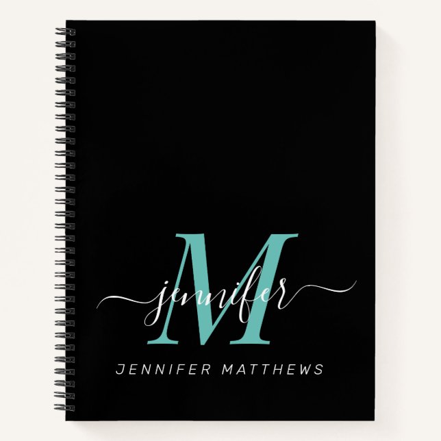 Elegant Black Teal Personalised Monogram Name Notebook (Front)