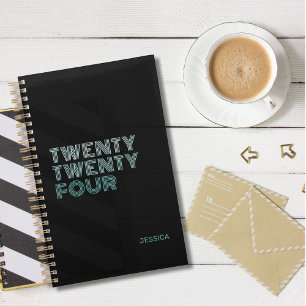 Elegant Black Teal Retro Name Customise 2024 Planner