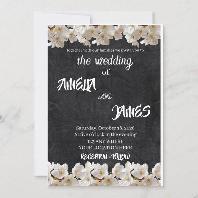 Elegant Black Textured & White Cherry Blossom Invitation (Front)
