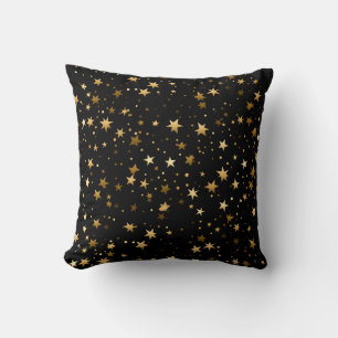 Elegant Black Throw Pillow with Golden Stars