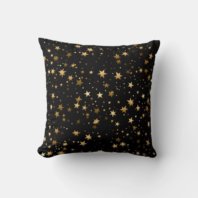 Elegant Black Throw Pillow with Golden Stars (Front)