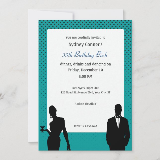 Elegant Black Tie Birthday Party Black Invitation (Front)