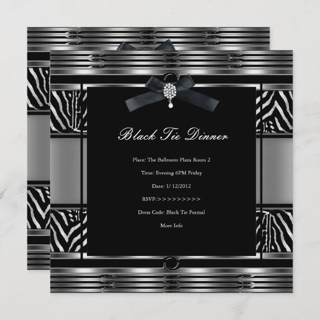 Elegant Black Tie Dinner Zebra Silver black Invitation (Front/Back)