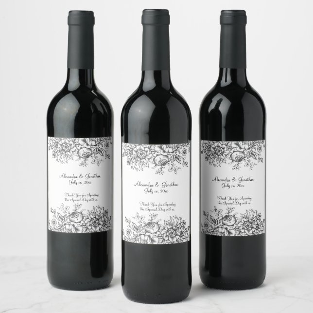 Elegant Black Toile Floral  Wine Label (Bottles)