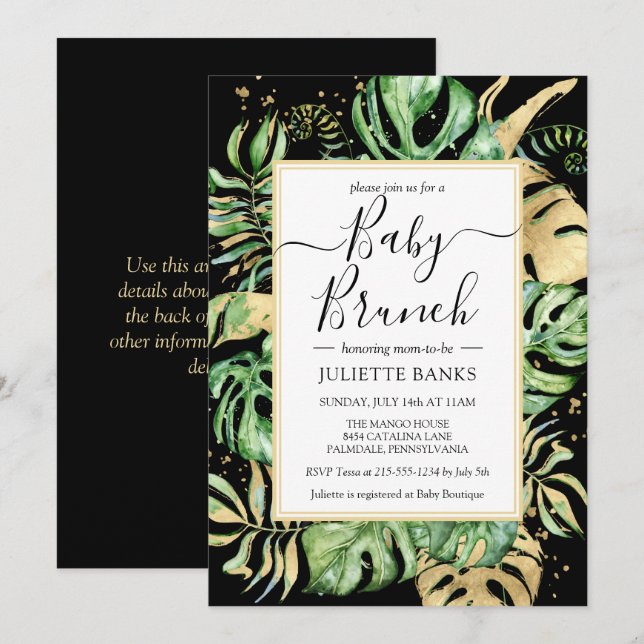 Elegant Black Tropical Foliage Baby Shower Brunch Invitation (Front/Back)