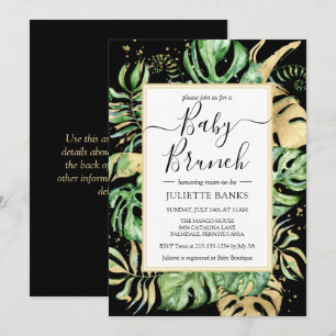 Elegant Black Tropical Foliage Baby Shower Brunch Invitation