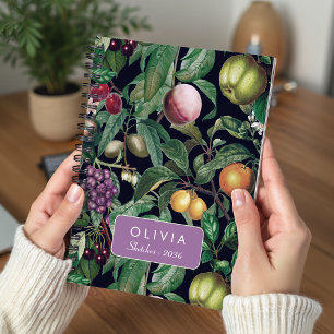Elegant Black Tropical Fruits Monogram Pattern Notebook