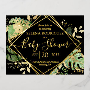 Elegant Black Tropical Gender Neutral Baby Shower  Foil Invitation Postcard