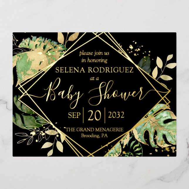 Elegant Black Tropical Gender Neutral Baby Shower  Foil Invitation Postcard (Front)