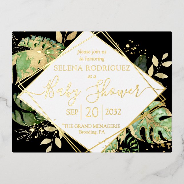 Elegant Black Tropical Gender Neutral Baby Shower Foil Invitation Postcard (Front)
