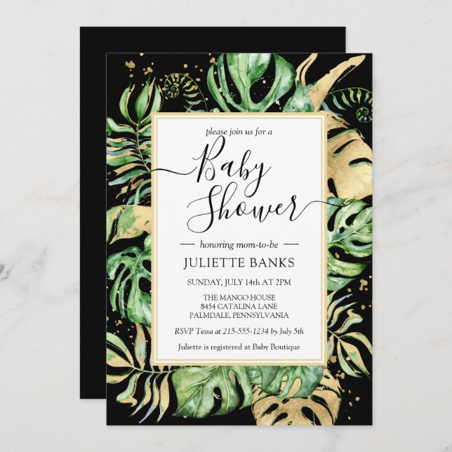 Elegant Black Tropical Gender Neutral Baby Shower Invitation (Front/Back)