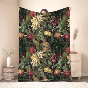 Elegant black tropical leaves fruits pattern fleece blanket