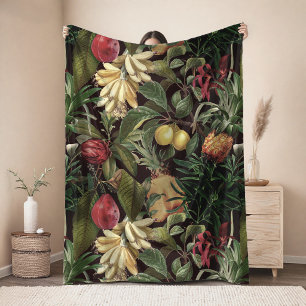 Elegant black tropical leaves fruits pattern fleece blanket