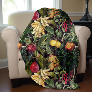 Elegant black tropical leaves fruits pattern fleece blanket