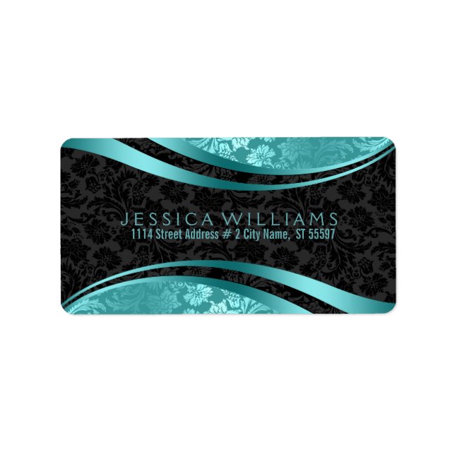 Elegant Black & Turquoise Vintage Floral Damasks Label (Front)
