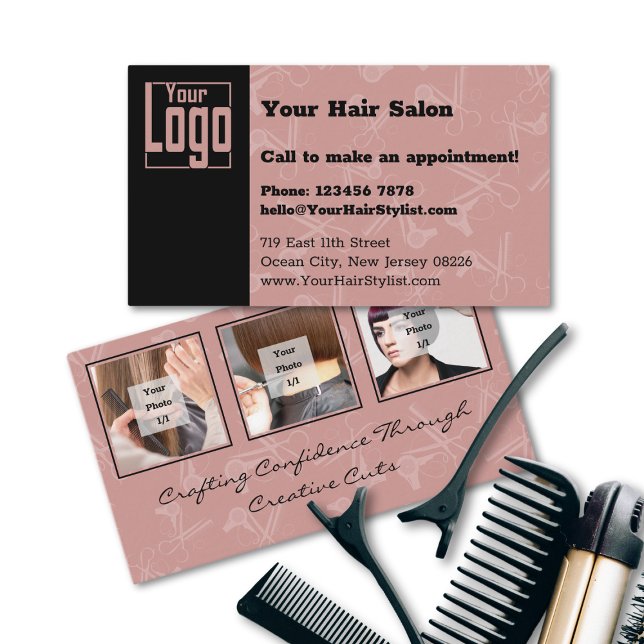 Elegant Black & Tuscany Pink Hair Salon Logo  Business Card (Elegant Black & Tuscany Pink Hair Salon Logo Business Card)