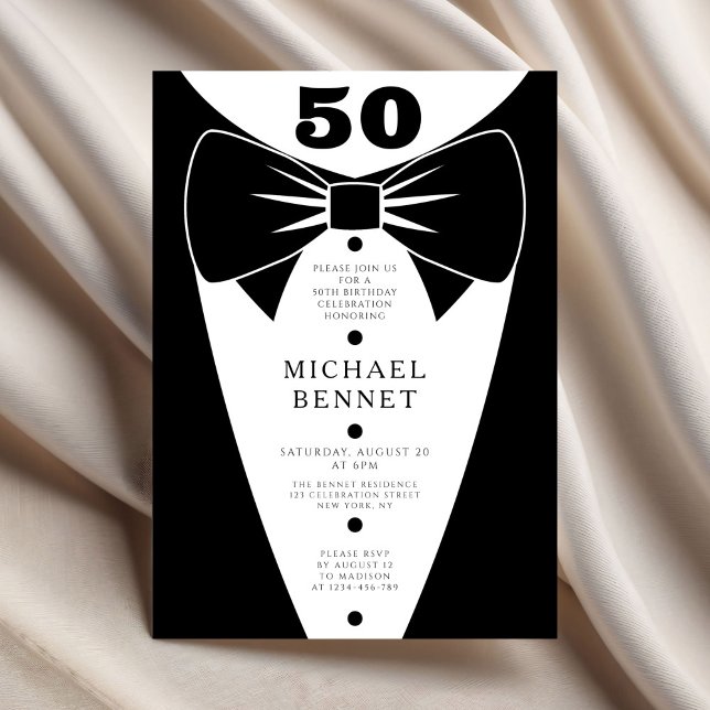 Elegant Black Tuxedo 50th Birthday Invitation (Elegant Black Tuxedo 50th Birthday Invitation)