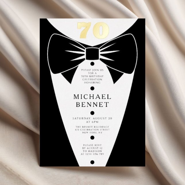 Elegant Black Tuxedo 70th Birthday Gold (Elegant Black Tuxedo 70th Birthday Gold Foil Invitation)