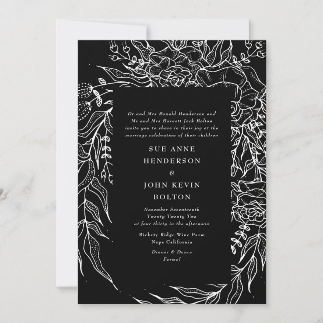 Elegant Black Tuxedo Bright White Wreath Wedding Invitation (Front)