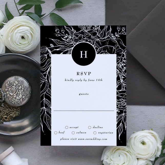 Elegant Black Tuxedo Monogram Wreath Wedding RSVP Card (Creator Uploaded)