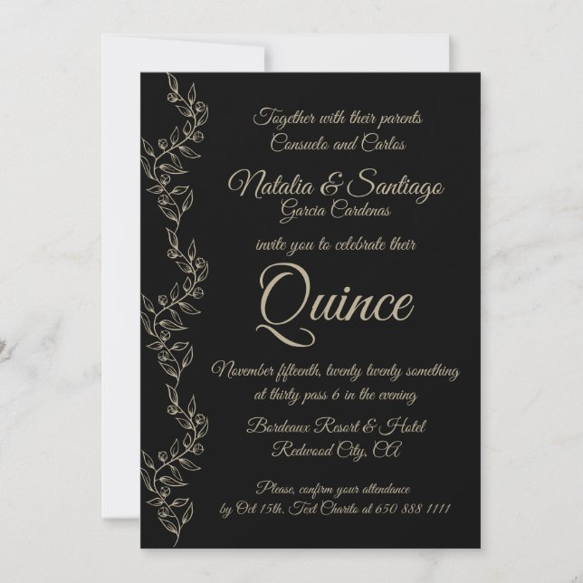 Elegant Black Twin Boy Girl Fiesta de Quince Invitation (Front)