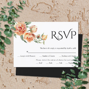 Elegant black typography and peach peonies wedding RSVP card