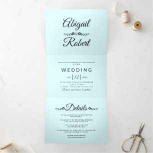 Elegant black typography light blue photo wedding Tri-Fold invitation