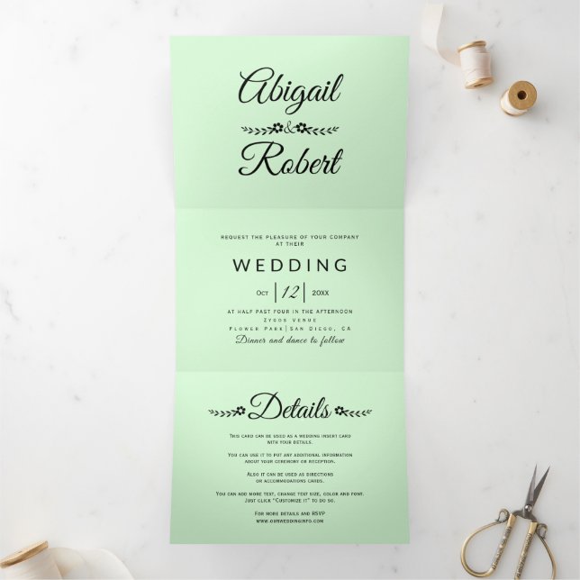 Elegant black typography mint green photo wedding Tri-Fold invitation (Inside)