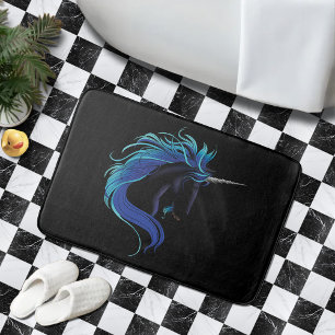 Elegant Black Unicorn Blue Silver Magical Fantasy Bath Mat