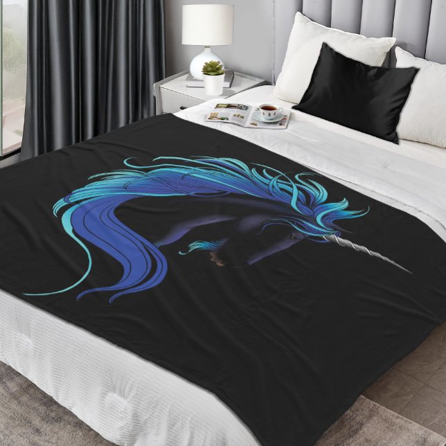 Elegant Black Unicorn Blue Silver Magical Fantasy Fleece Blanket (Creator Uploaded)