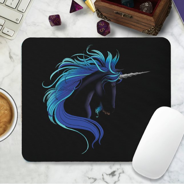 Elegant Black Unicorn Blue Silver Magical Fantasy Mouse Mat (Creator Uploaded)