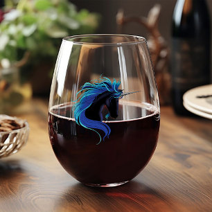 Elegant Black Unicorn Blue Silver Magical Fantasy Stemless Wine Glass
