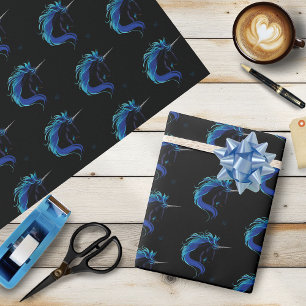 Elegant Black Unicorn Blue Silver Magical Fantasy Wrapping Paper