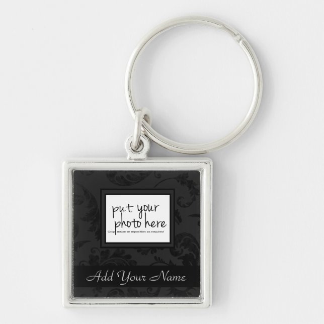 Elegant Black Velvet Style Floral Photo & Text Key Ring (Front)