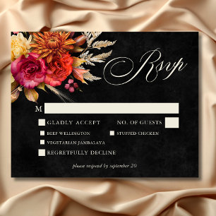 Elegant Black Vibrant Boho Floral Script Wedding RSVP Card