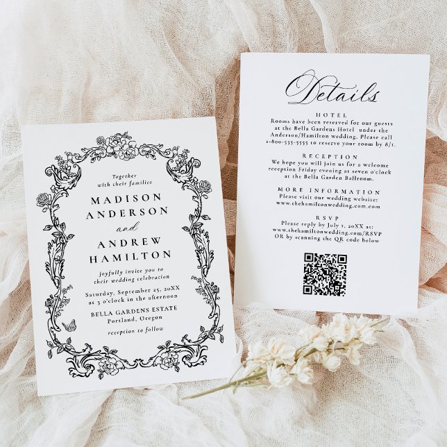 Elegant Black Victorian Floral All in One Wedding Invitation (Creator Uploaded)