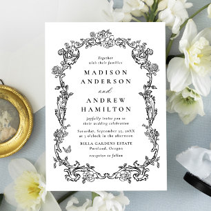 Elegant Black Victorian Floral Frame Wedding Invitation