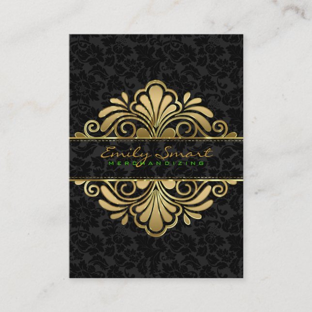 Elegant Black Vintage Damasks Gold Frame Business Card (Front)
