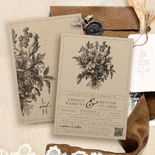 Elegant Black Vintage Floral Rustic Kraft Wedding Invitation