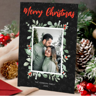 Elegant black vintage merry christmas family photo holiday card