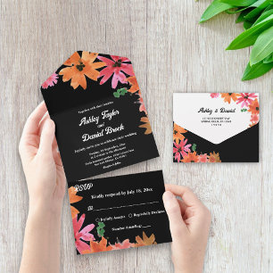 Elegant Black Watercolor Floral Roses Fall Wedding All In One Invitation