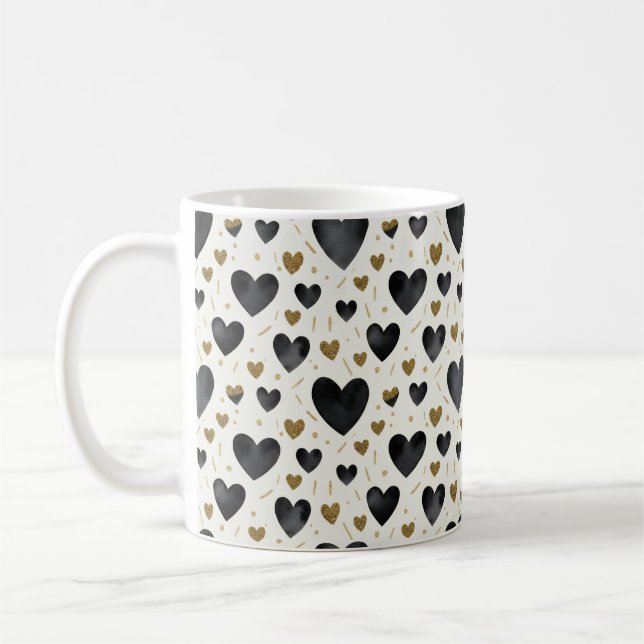 Elegant Black Watercolor & Gold Glitter Hearts Coffee Mug (Left)