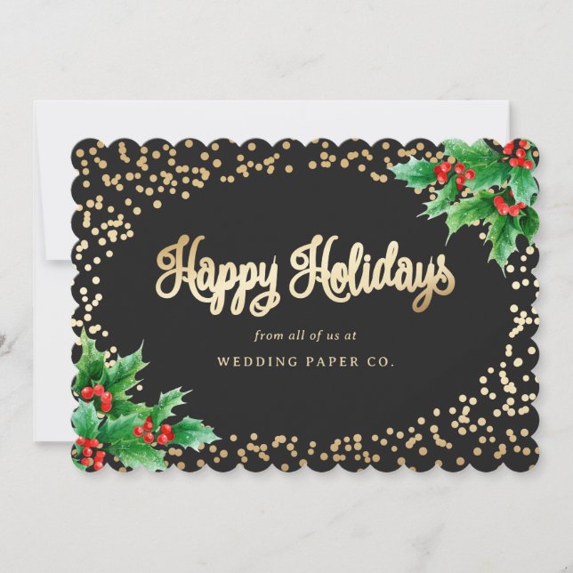 Elegant Black Watercolor Holly Berries Business Holiday Card (Front)
