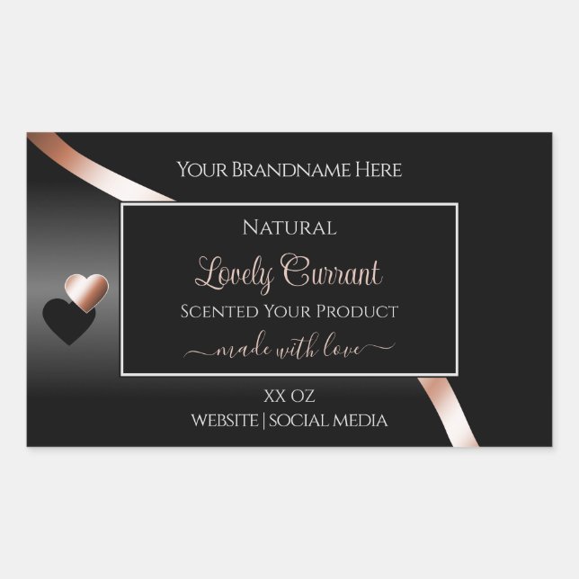 Elegant Black Wavy Rose Gold Hearts Product Labels (Front)