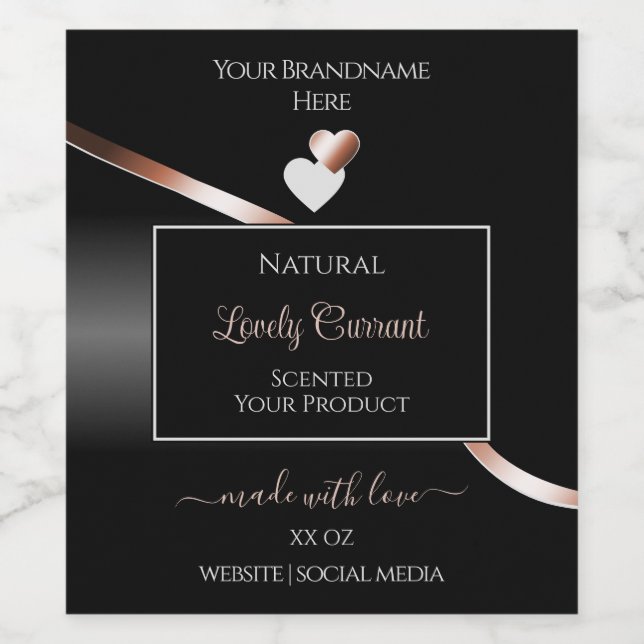 Elegant Black Wavy Rose Gold Hearts Product Labels (Single Label)