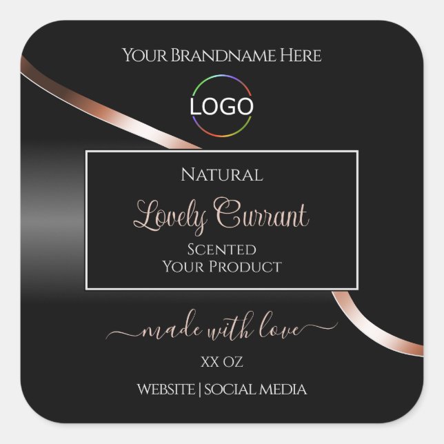 Elegant Black Wavy Rose Gold Logo Product Labels (Front)