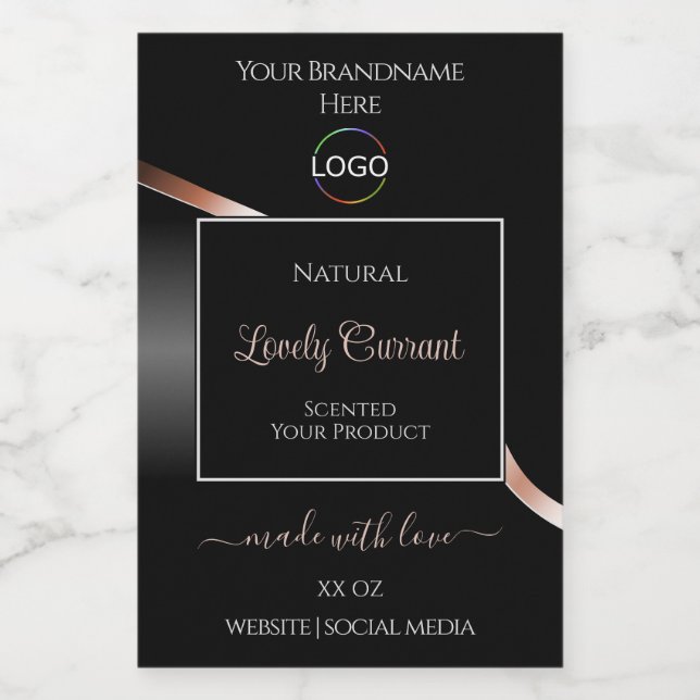 Elegant Black Wavy Rose Gold Logo Product Labels (Single Label)